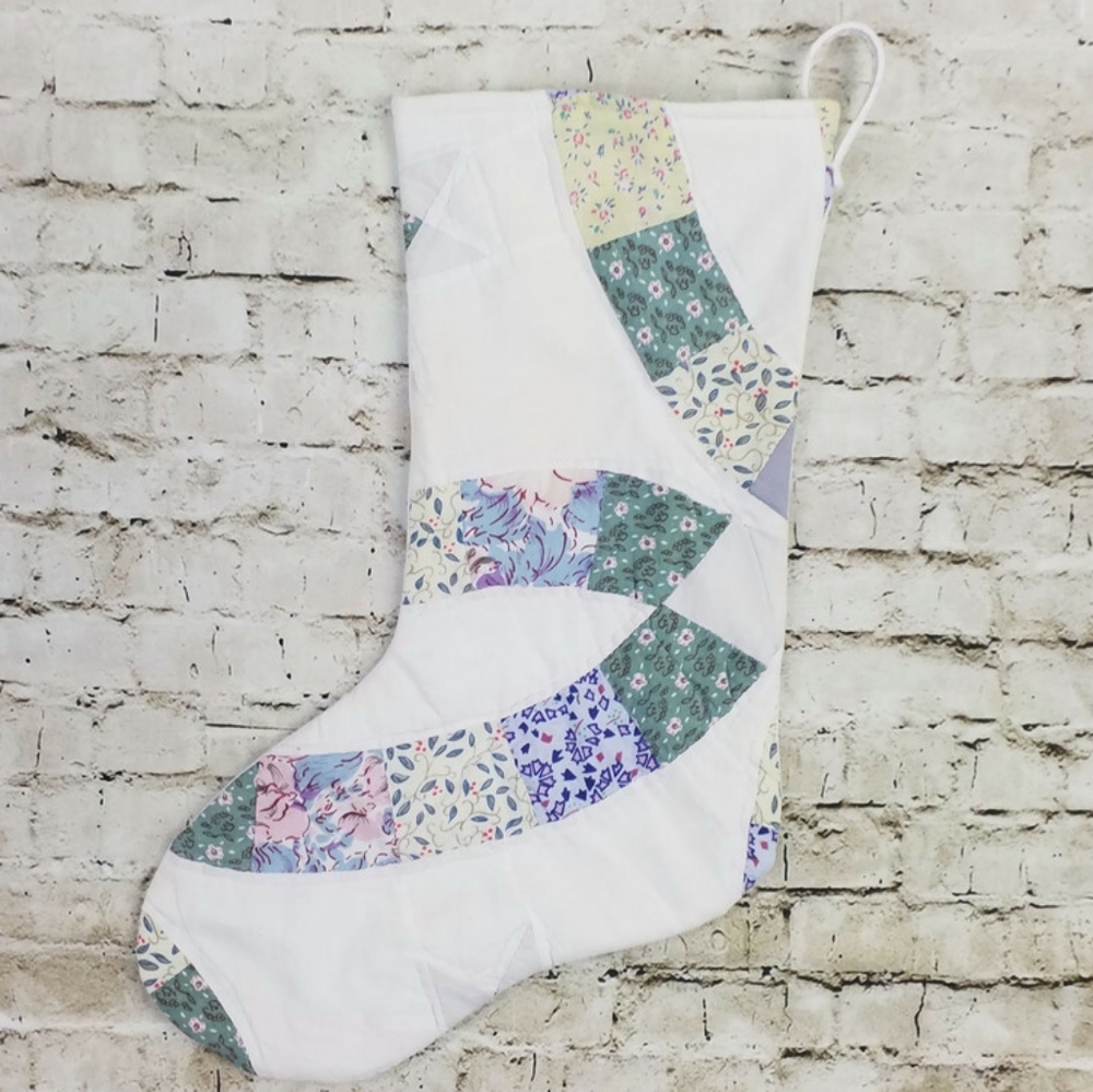 Hand Made Upcycled Vintage Wedding Ring Quilt & Denim Christmas Stocking 17.75"